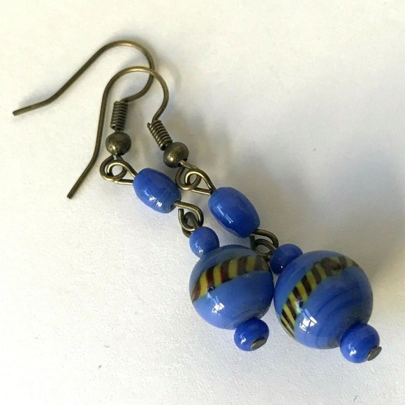 Vintage Blue Murano Glass Bead Earrings Dangle Montana Gold Plated - Picture 8 of 10